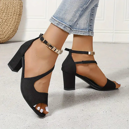Suede Block Heel Sandals – Open Toe Ankle Strap Metal Detail