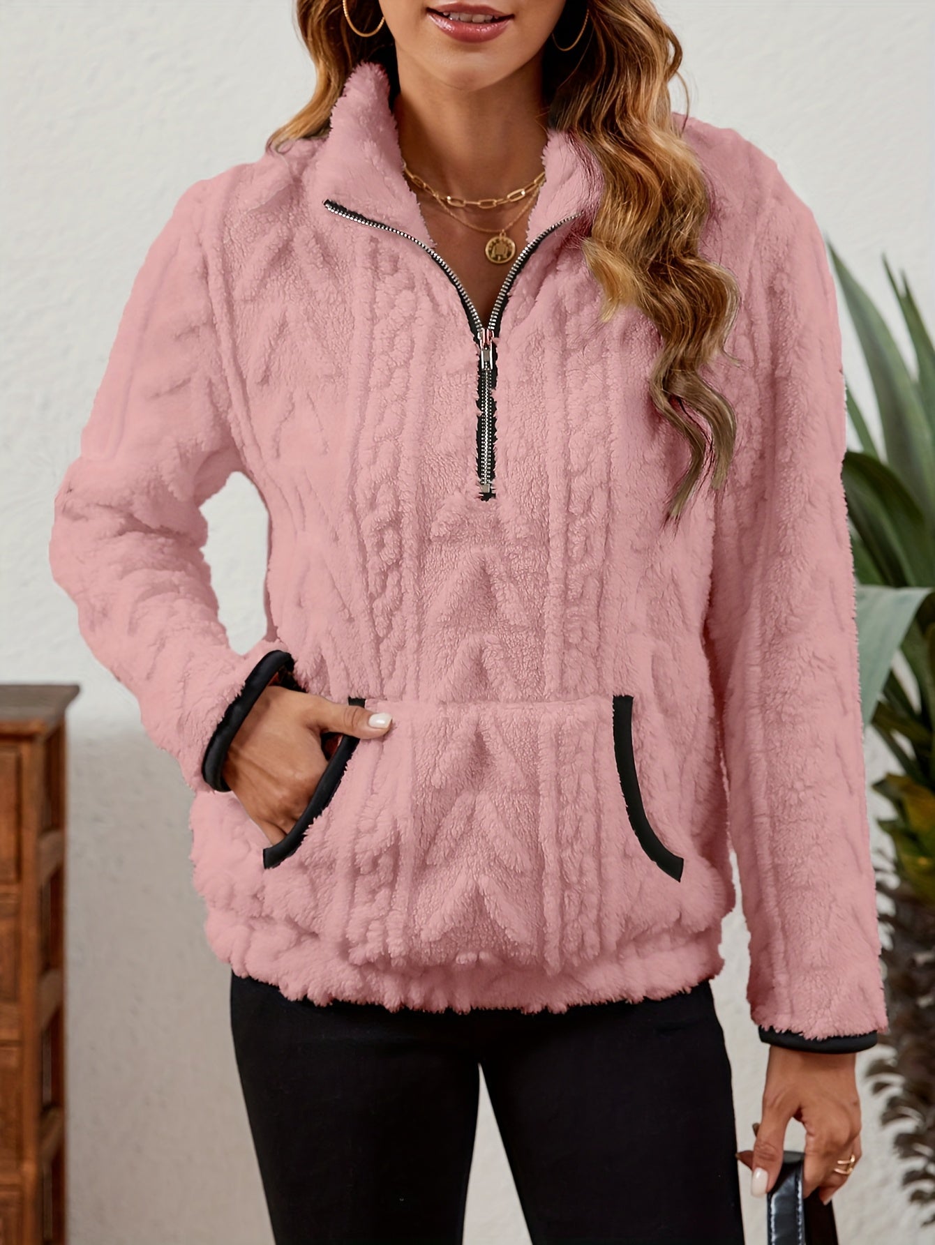 Sherpa Fleece Half-Zip Pullover – Textured Long Sleeve with Kangaroo Pocket