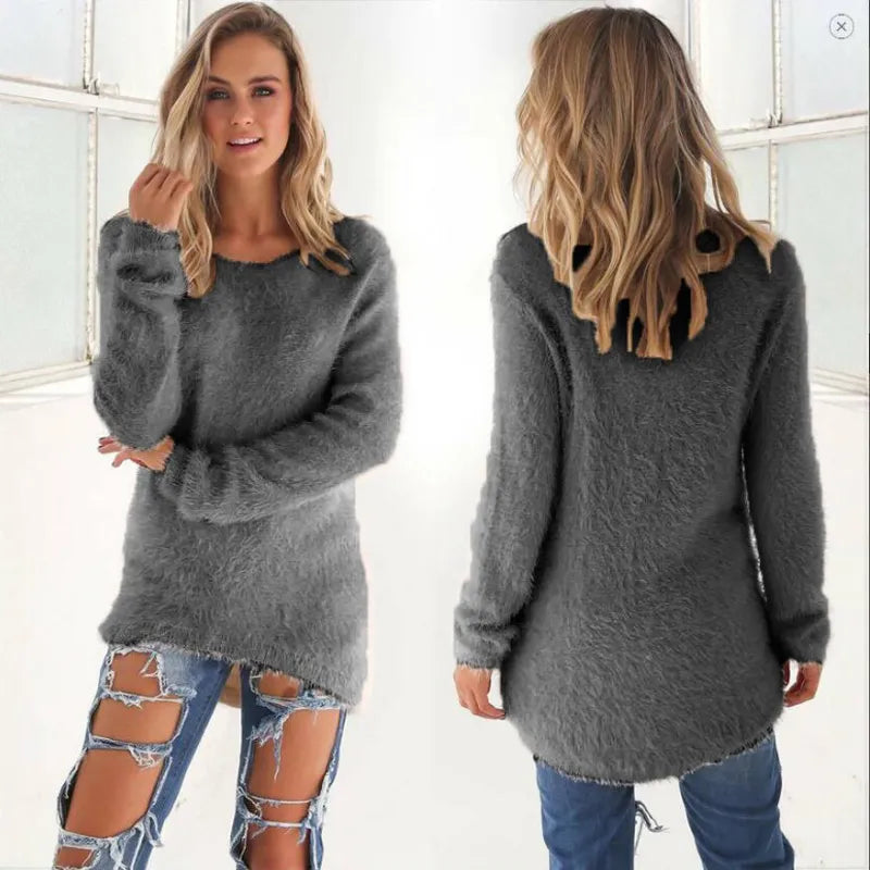 Fluffy Knit Pullover Sweater – Women's Crewneck Long Sleeve Jumper