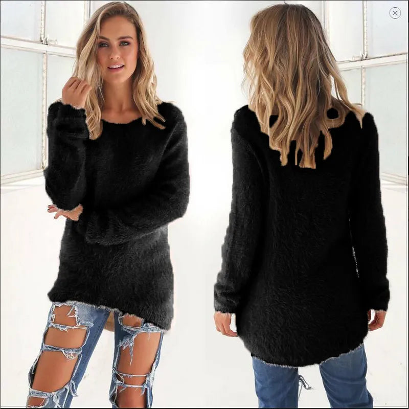 Fluffy Knit Pullover Sweater – Women's Crewneck Long Sleeve Jumper