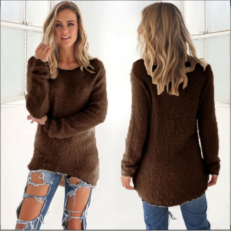 Fluffy Knit Pullover Sweater – Women's Crewneck Long Sleeve Jumper