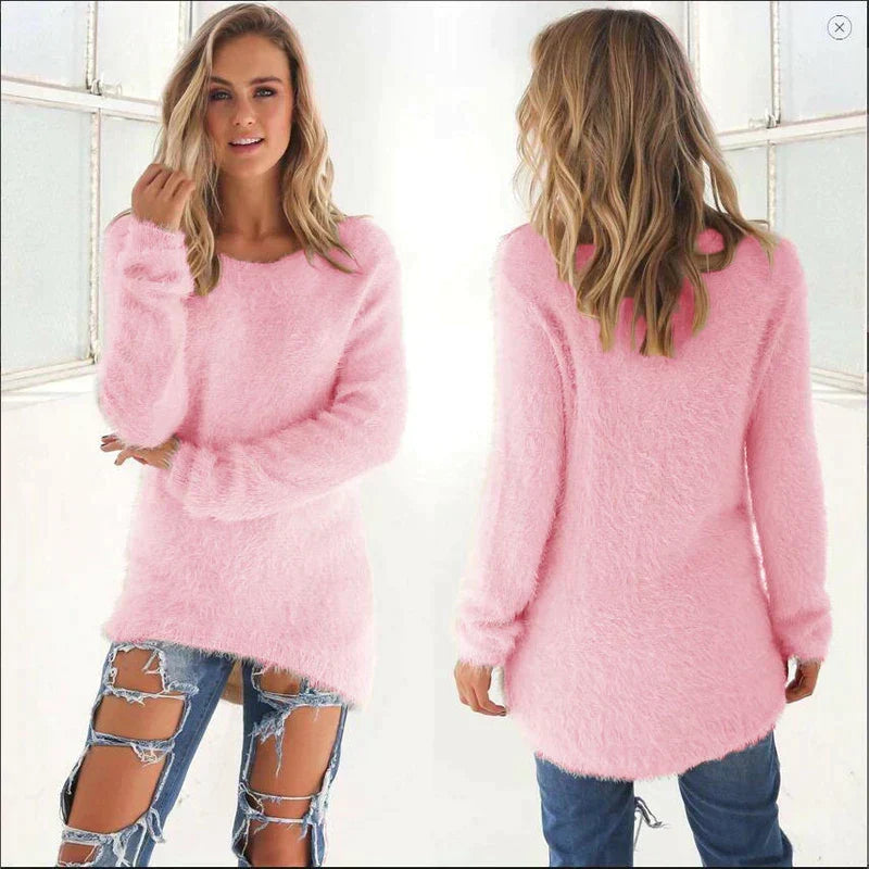 Fluffy Knit Pullover Sweater – Women's Crewneck Long Sleeve Jumper