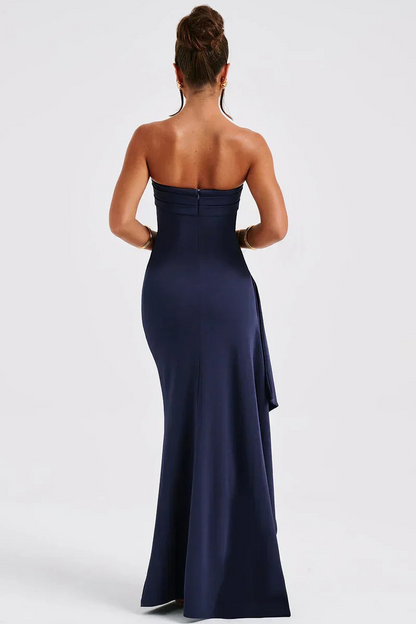 Strapless Ruched Maxi Dress – High Slit Formal Evening Gown