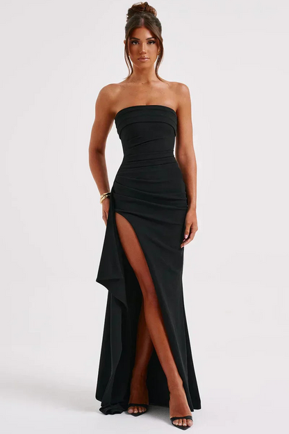 Strapless Ruched Maxi Dress – High Slit Formal Evening Gown