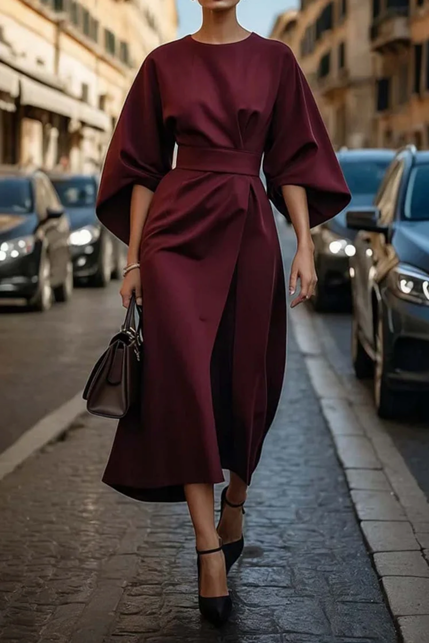 Kimono Sleeve Belted Midi Dress – Wrap-Front Evening Dress