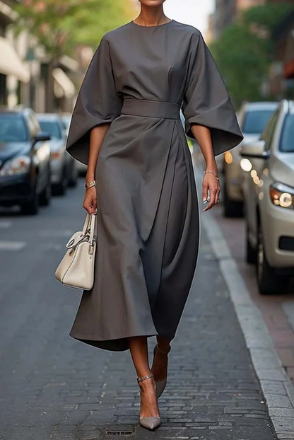 Kimono Sleeve Belted Midi Dress – Wrap-Front Evening Dress
