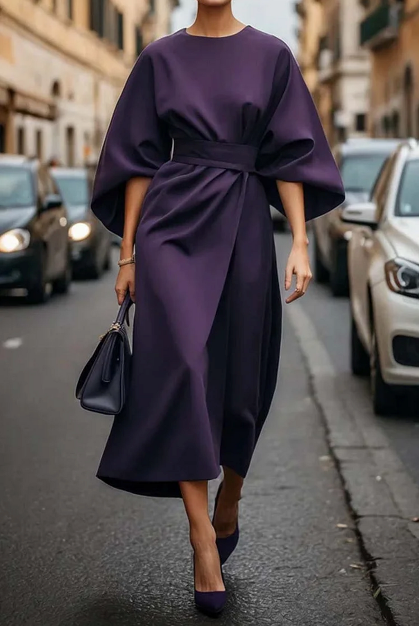 Kimono Sleeve Belted Midi Dress – Wrap-Front Evening Dress