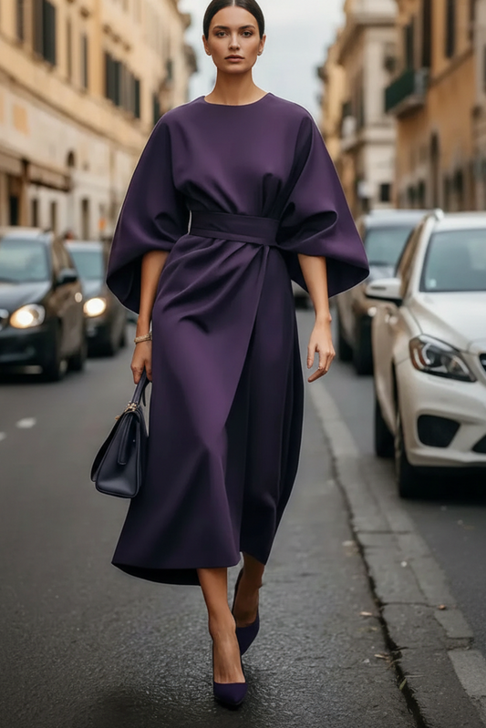 Kimono Sleeve Belted Midi Dress – Wrap-Front Evening Dress
