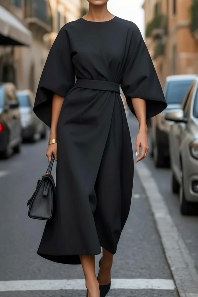 Kimono Sleeve Belted Midi Dress – Wrap-Front Evening Dress