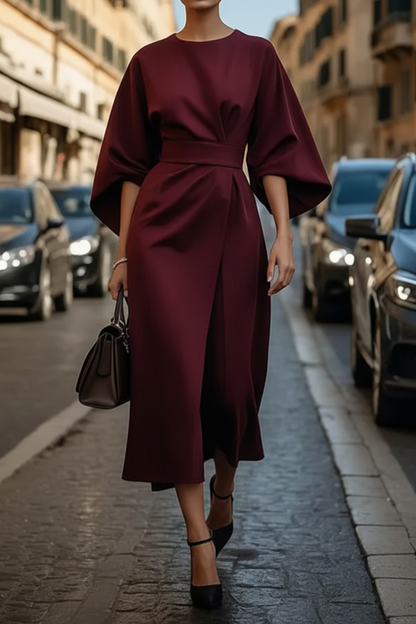 Kimono Sleeve Belted Midi Dress – Wrap-Front Evening Dress