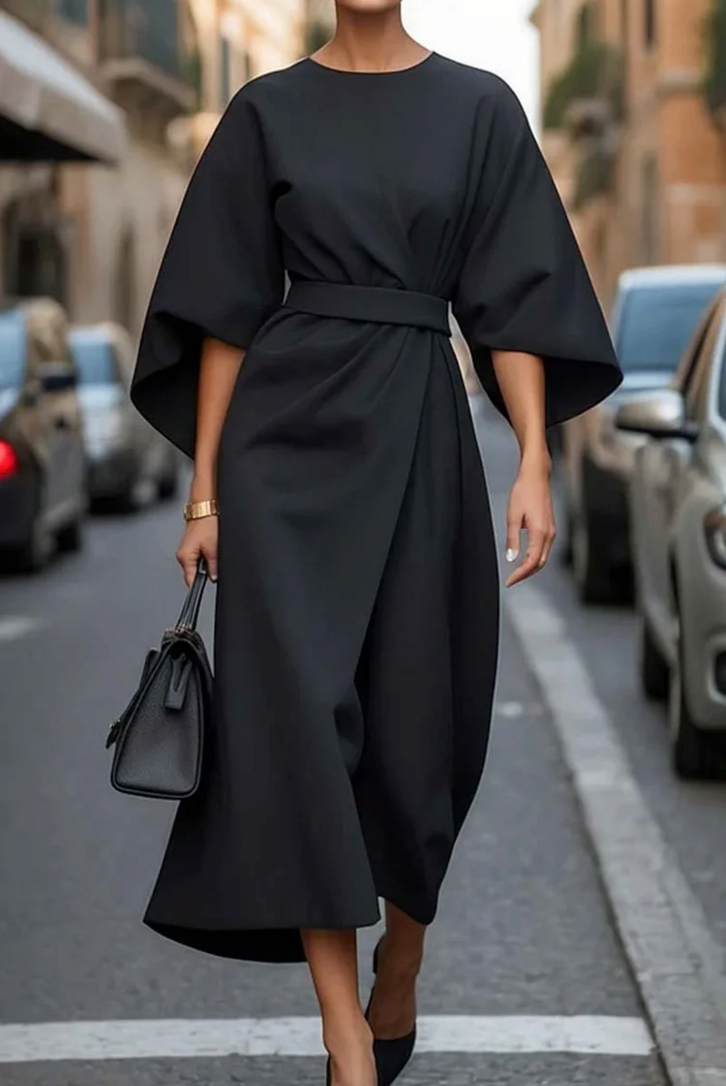 Kimono Sleeve Belted Midi Dress – Wrap-Front Evening Dress