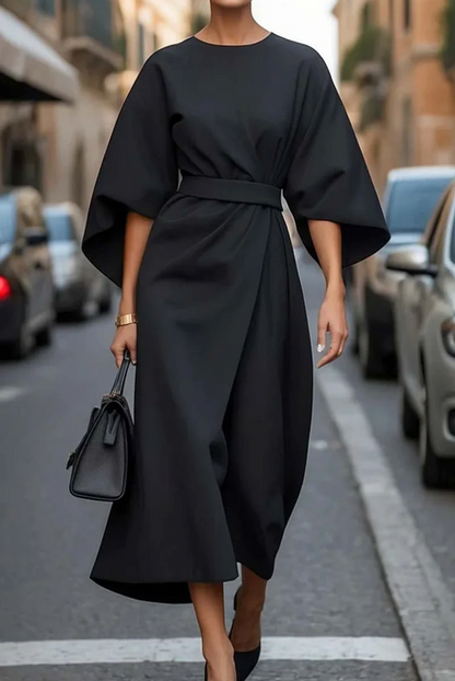 Kimono Sleeve Belted Midi Dress – Wrap-Front Evening Dress