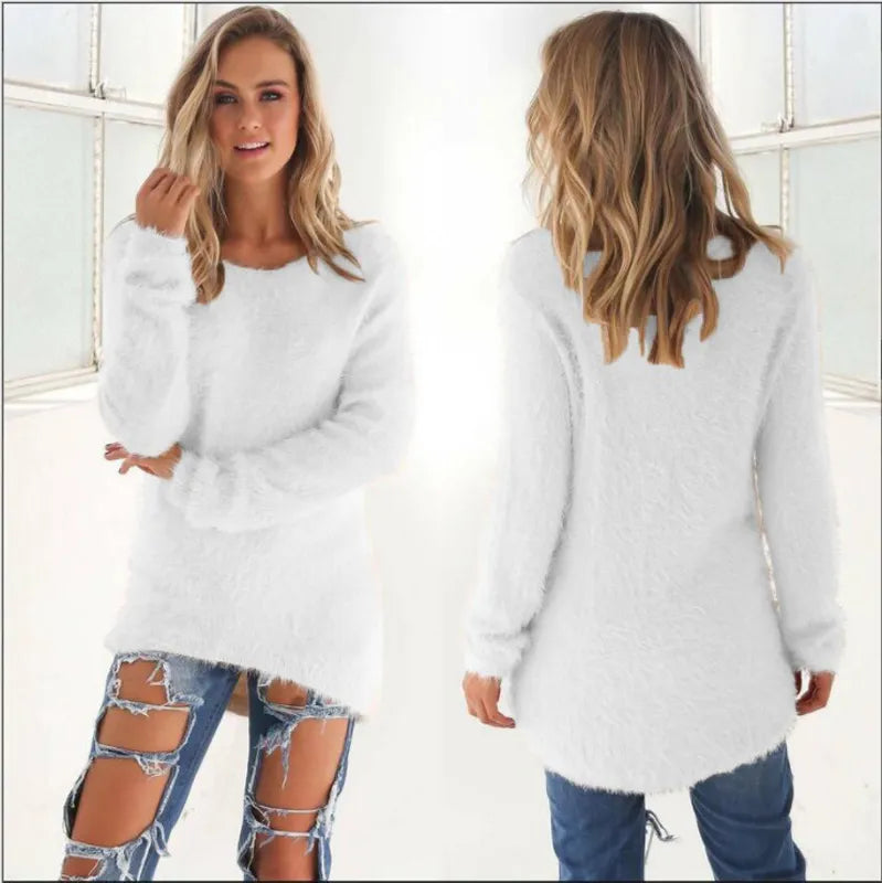 Fluffy Knit Pullover Sweater – Women's Crewneck Long Sleeve Jumper