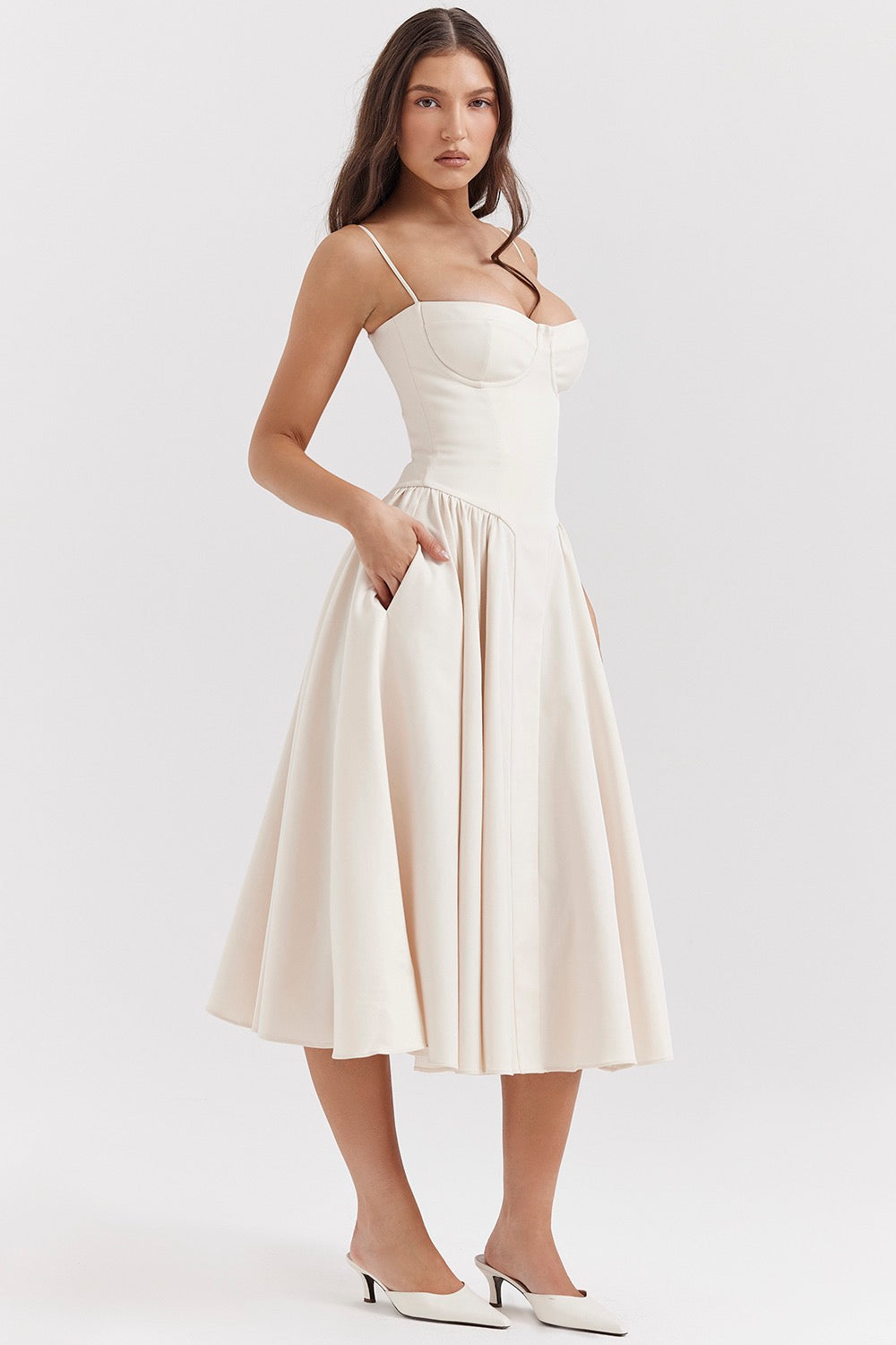 Corset Midi Dress – Fit and Flare Spaghetti Strap A-Line