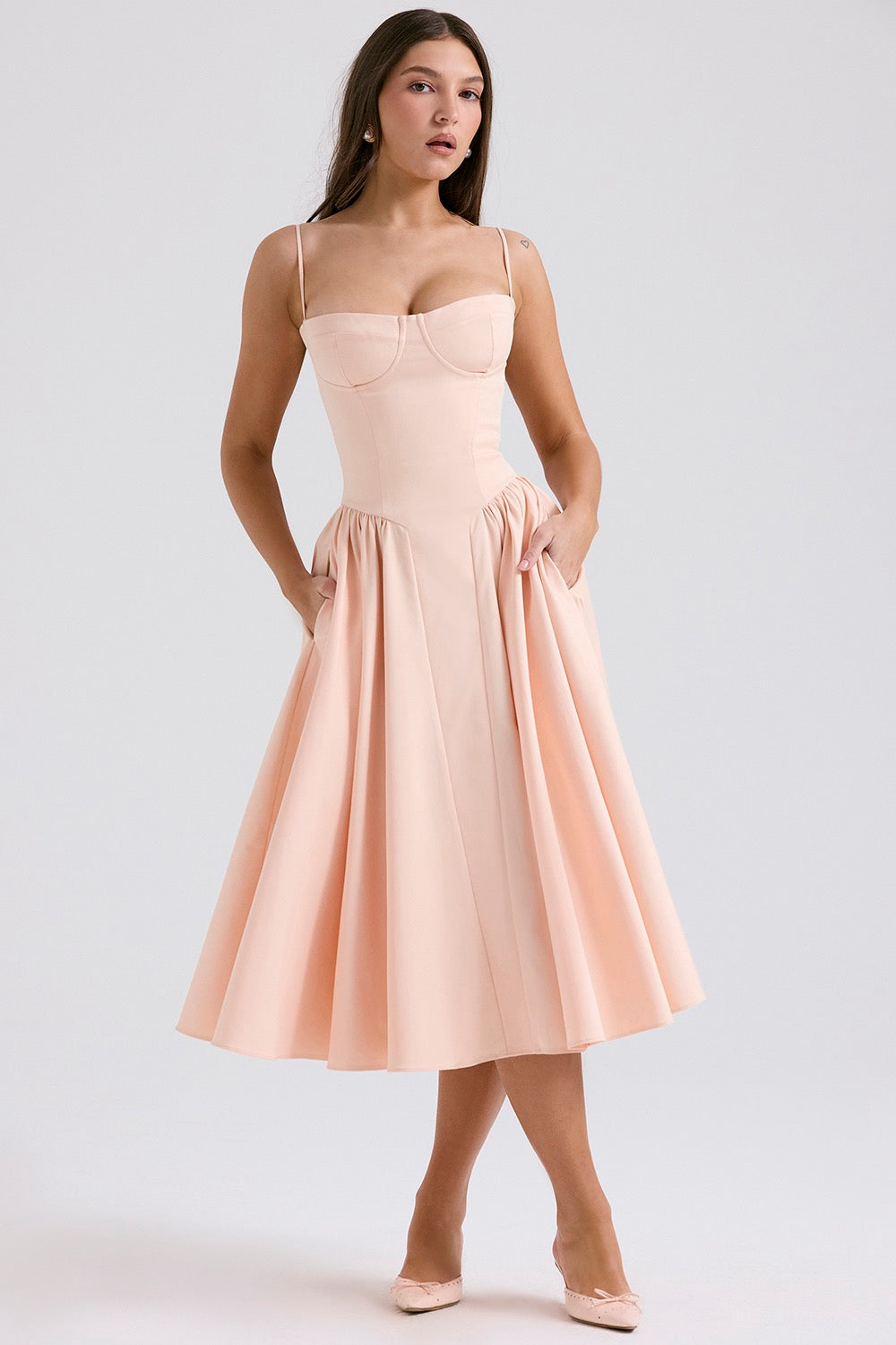 Corset Midi Dress – Fit and Flare Spaghetti Strap A-Line