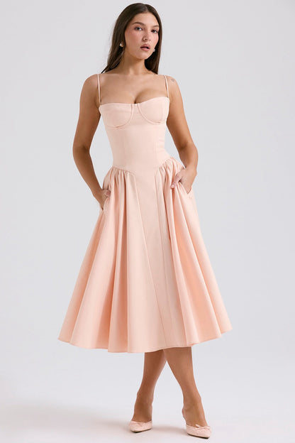 Corset Midi Dress – Fit and Flare Spaghetti Strap A-Line
