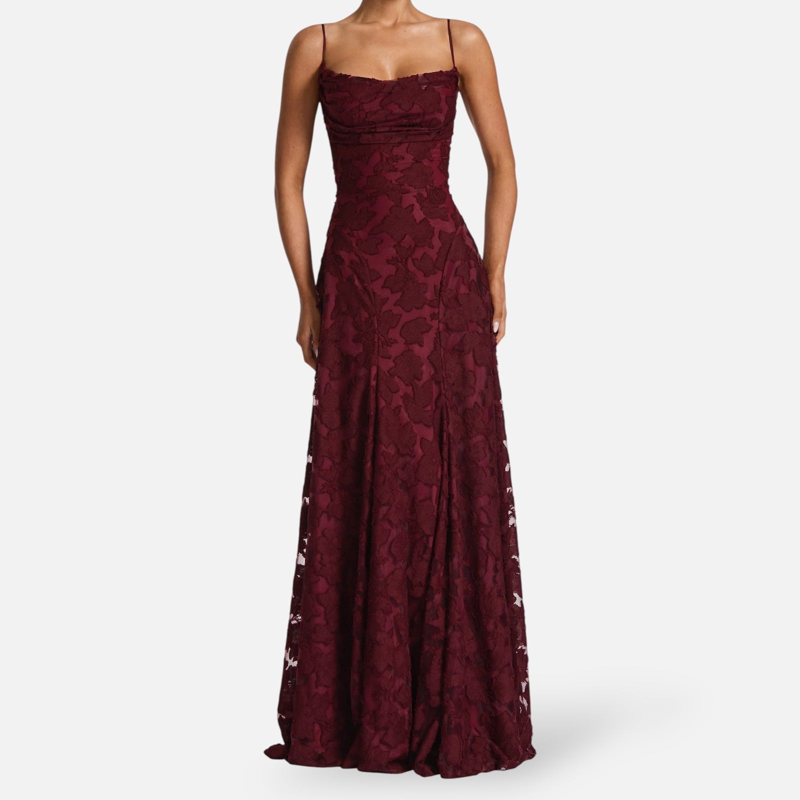 Floral Lace A-Line Maxi Dress – Spaghetti Strap Formal Evening Gown