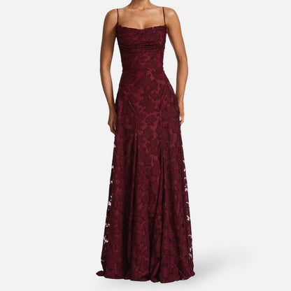 Floral Lace A-Line Maxi Dress – Spaghetti Strap Formal Evening Gown
