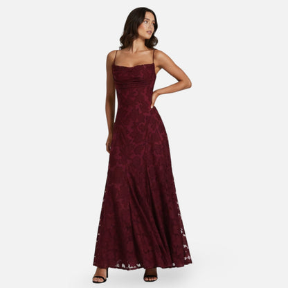 Floral Lace A-Line Maxi Dress – Spaghetti Strap Formal Evening Gown