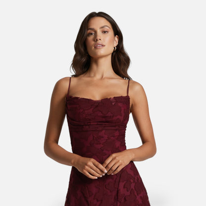 Floral Lace A-Line Maxi Dress – Spaghetti Strap Formal Evening Gown