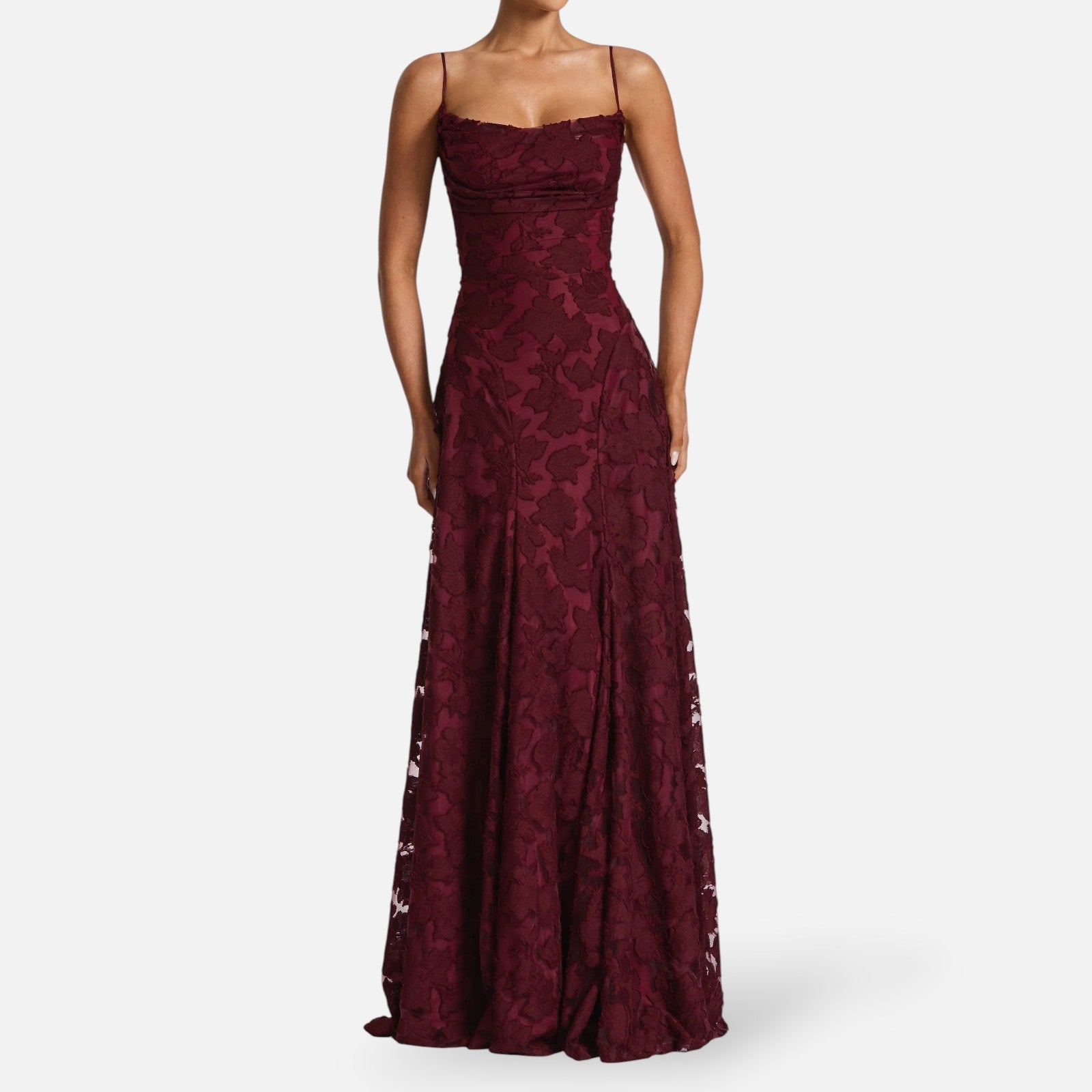 Floral Lace A-Line Maxi Dress – Spaghetti Strap Formal Evening Gown