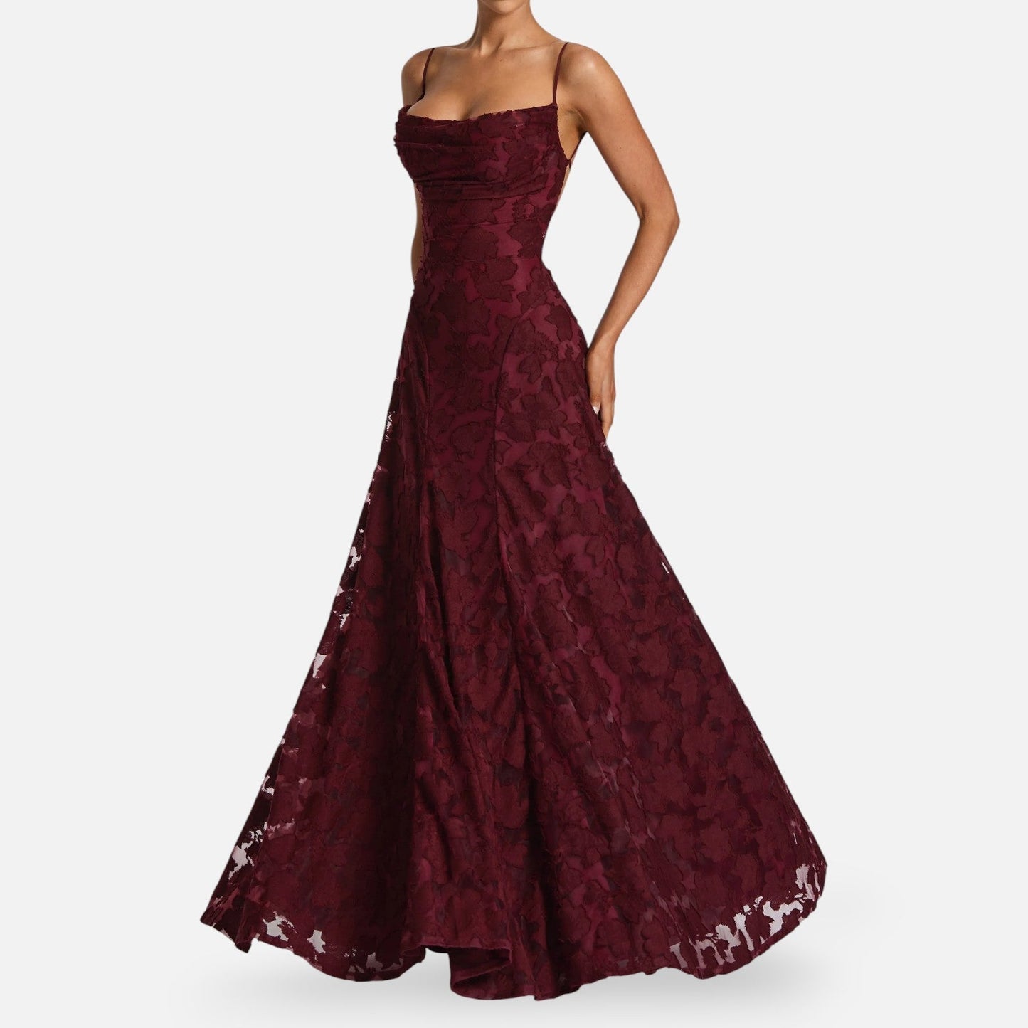 Floral Lace A-Line Maxi Dress – Spaghetti Strap Formal Evening Gown