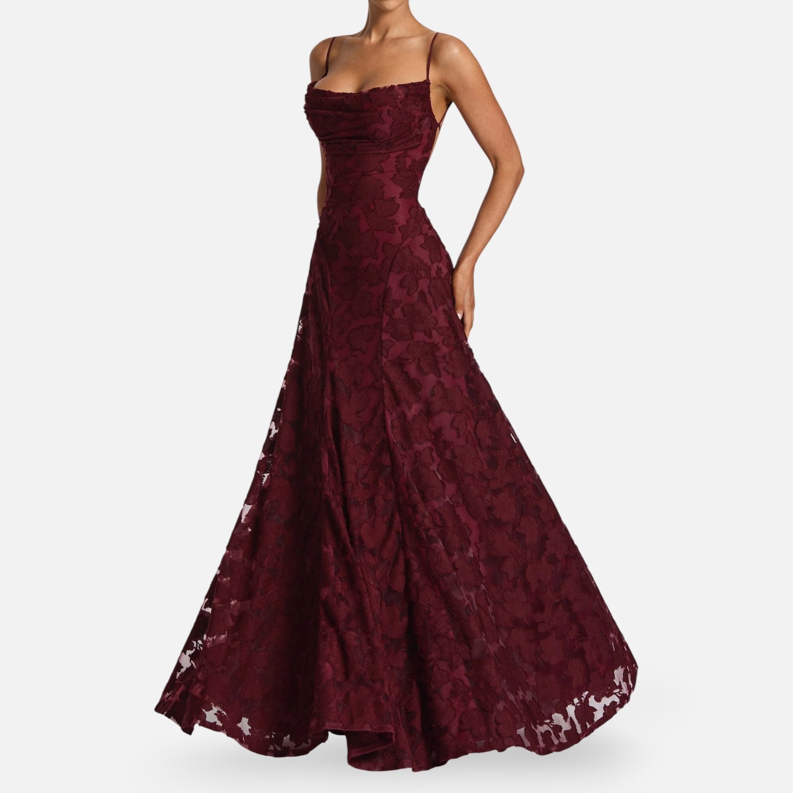 Floral Lace A-Line Maxi Dress – Spaghetti Strap Formal Evening Gown