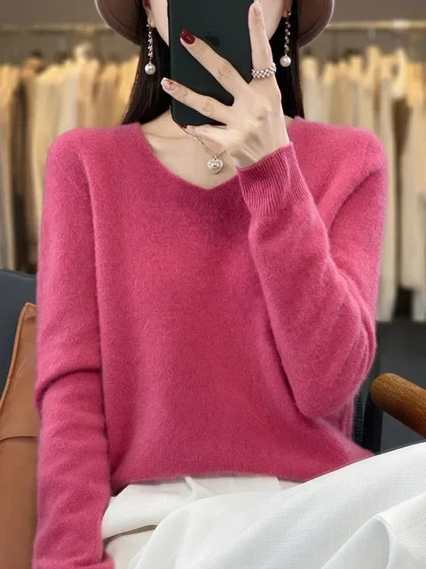 V-Neck Knit Pullover Sweater – Relaxed Fit Long Sleeve Jumper
