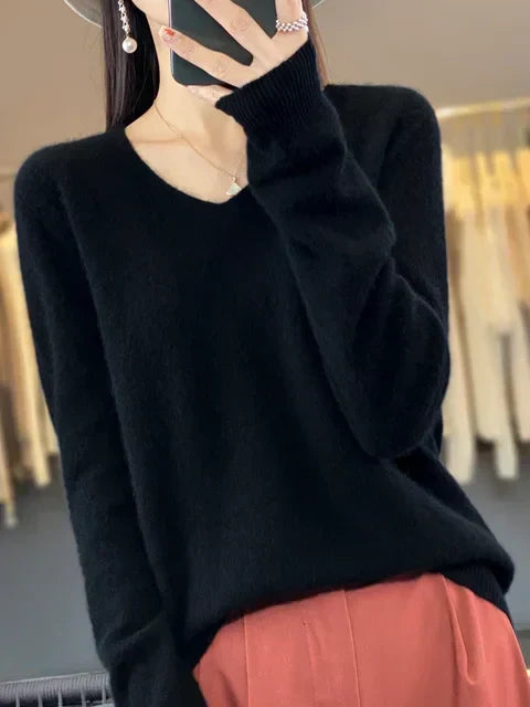 V-Neck Knit Pullover Sweater – Relaxed Fit Long Sleeve Jumper