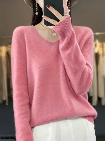 V-Neck Knit Pullover Sweater – Relaxed Fit Long Sleeve Jumper