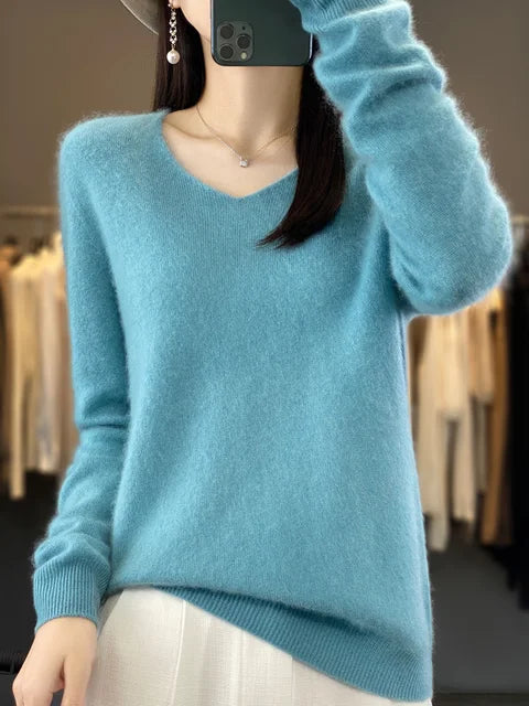 V-Neck Knit Pullover Sweater – Relaxed Fit Long Sleeve Jumper