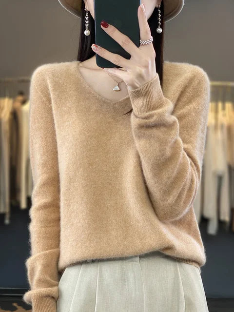 V-Neck Knit Pullover Sweater – Relaxed Fit Long Sleeve Jumper