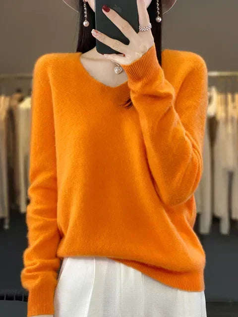 V-Neck Knit Pullover Sweater – Relaxed Fit Long Sleeve Jumper