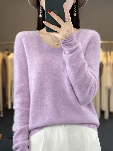 V-Neck Knit Pullover Sweater – Relaxed Fit Long Sleeve Jumper