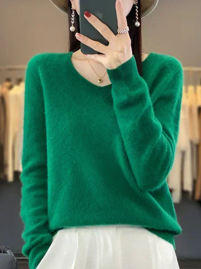 V-Neck Knit Pullover Sweater – Relaxed Fit Long Sleeve Jumper