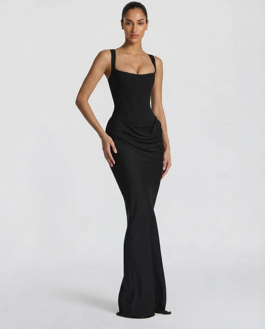 Corset Bodice Maxi Dress – Square Neck Draped Formal Gown