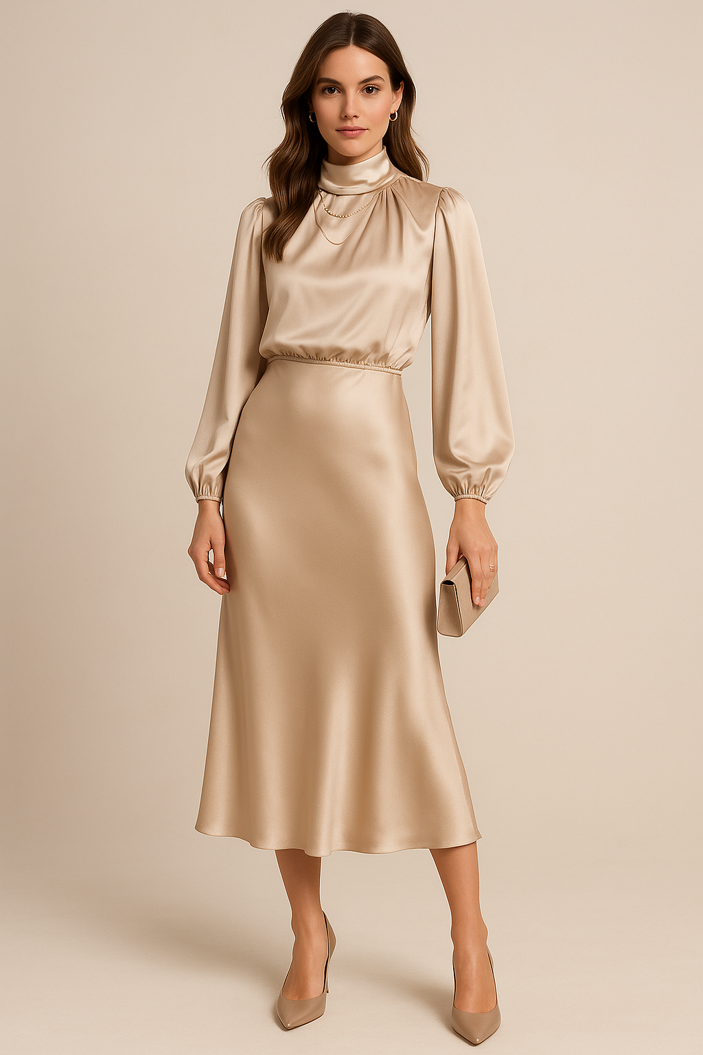 Women's Long Sleeve Satin Midi Dress – High Neck Fitted Evening Dress