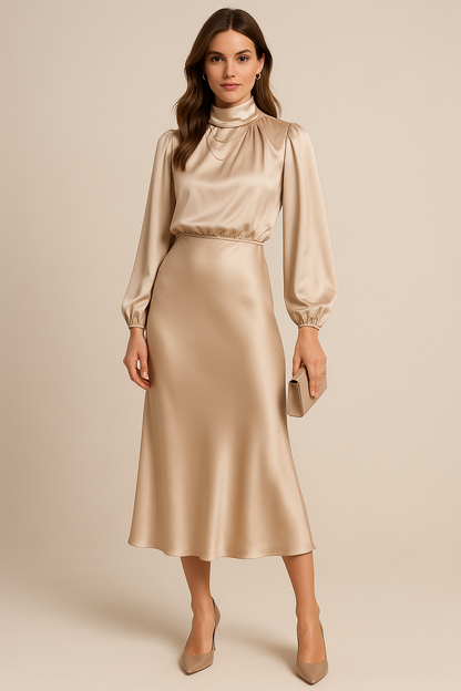 Women's Long Sleeve Satin Midi Dress – High Neck Fitted Evening Dress