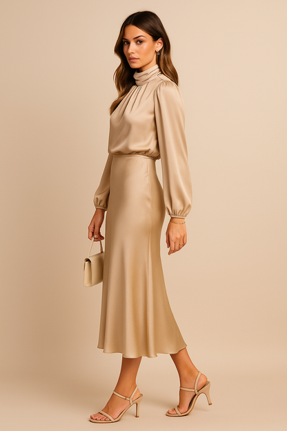 Women's Long Sleeve Satin Midi Dress – High Neck Fitted Evening Dress