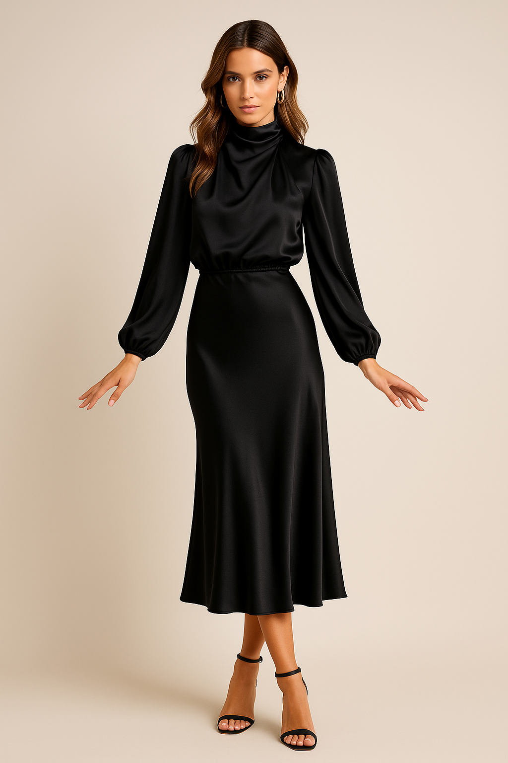 Women's Long Sleeve Satin Midi Dress – High Neck Fitted Evening Dress
