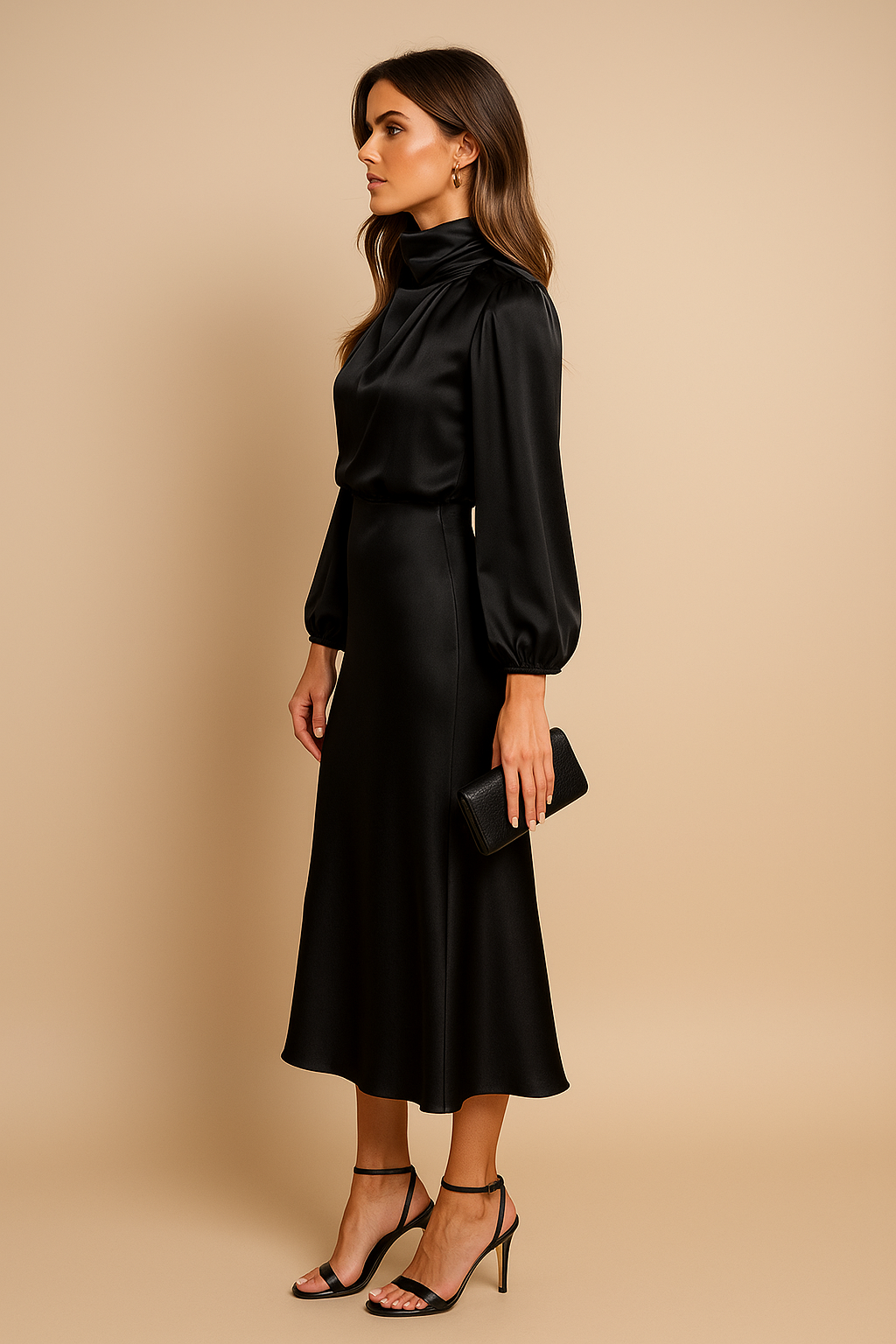 Women's Long Sleeve Satin Midi Dress – High Neck Fitted Evening Dress