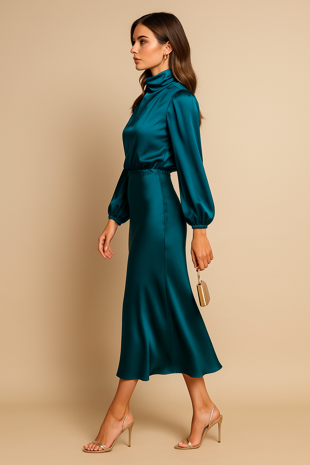 Women's Long Sleeve Satin Midi Dress – High Neck Fitted Evening Dress