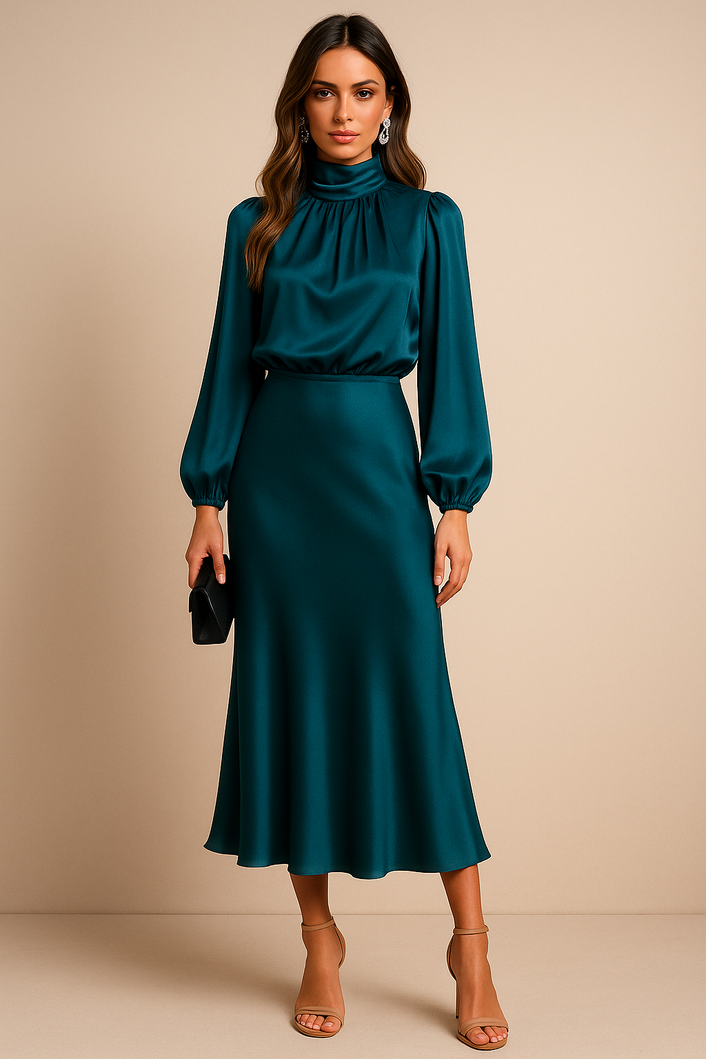 Women's Long Sleeve Satin Midi Dress – High Neck Fitted Evening Dress