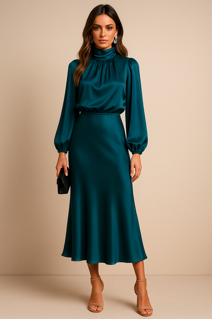 Women's Long Sleeve Satin Midi Dress – High Neck Fitted Evening Dress