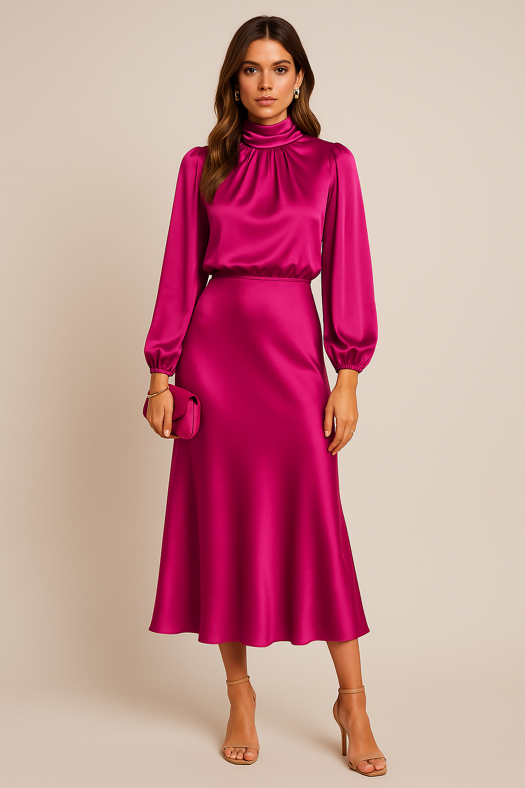 Women's Long Sleeve Satin Midi Dress – High Neck Fitted Evening Dress