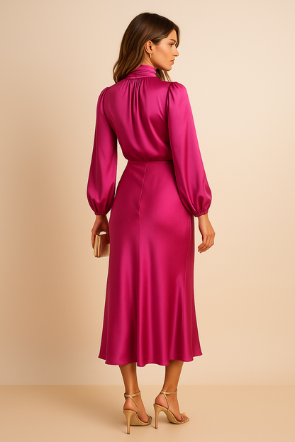 Women's Long Sleeve Satin Midi Dress – High Neck Fitted Evening Dress