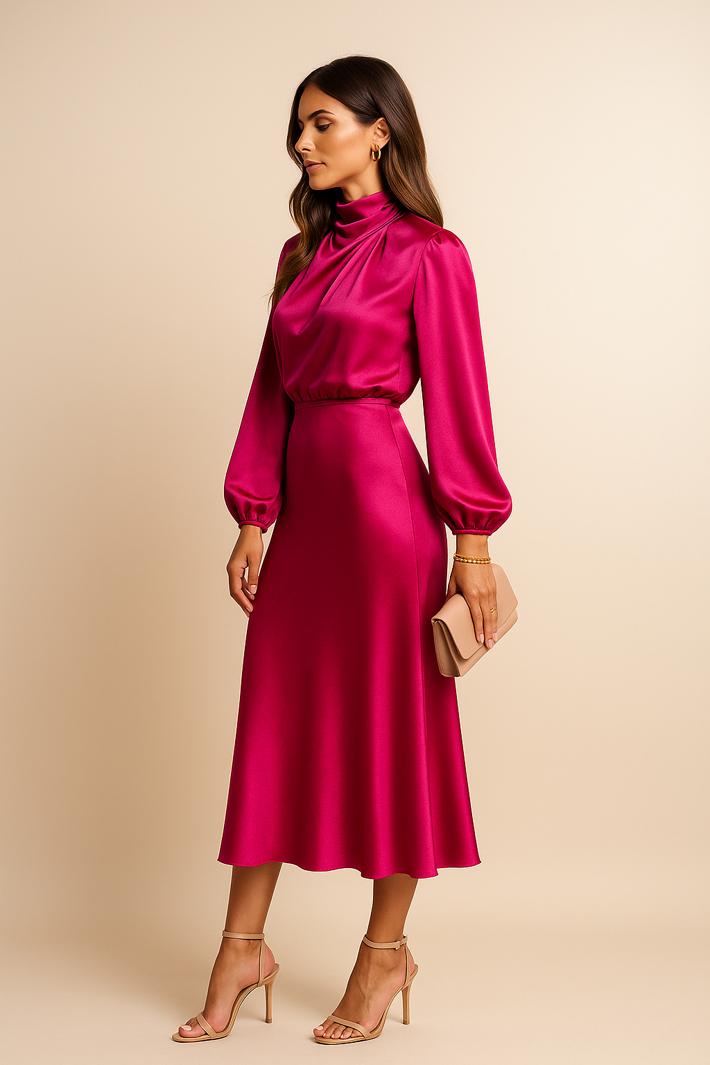 Women's Long Sleeve Satin Midi Dress – High Neck Fitted Evening Dress
