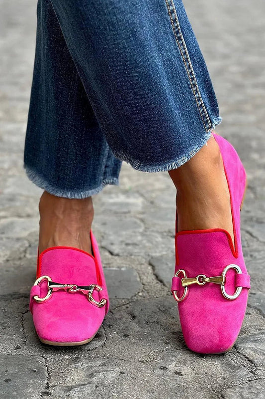 Pink Pointed Toe Loafers – Flat Slip-On Gold Horsebit Detail