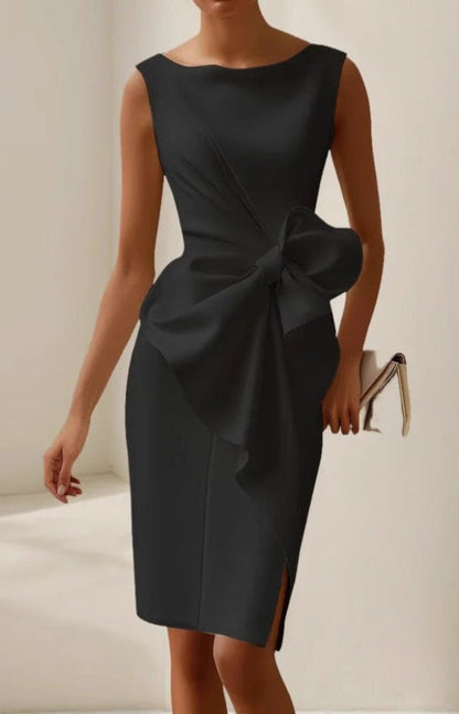 Bow Detail Cocktail Dress – Sleeveless Bodycon Boat Neck Midi