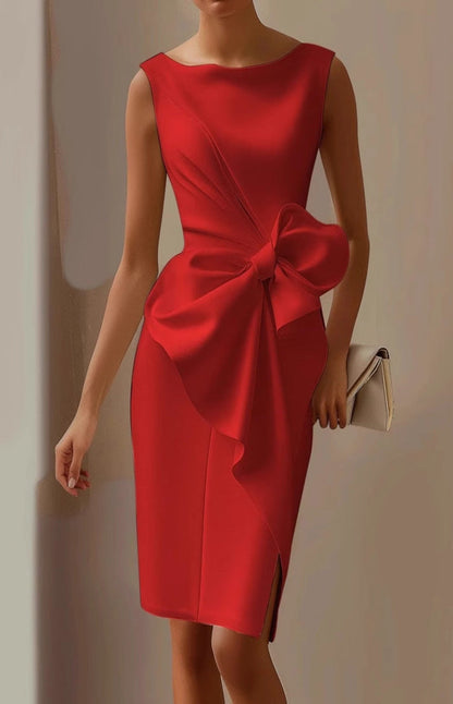 Bow Detail Cocktail Dress – Sleeveless Bodycon Boat Neck Midi